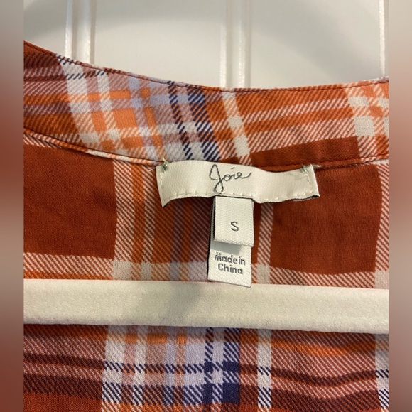 Joie Silk Burnt Orange Plaid V Neck Collarless Blouse Button Cuff Long Sleeve S - Picture 3 of 10